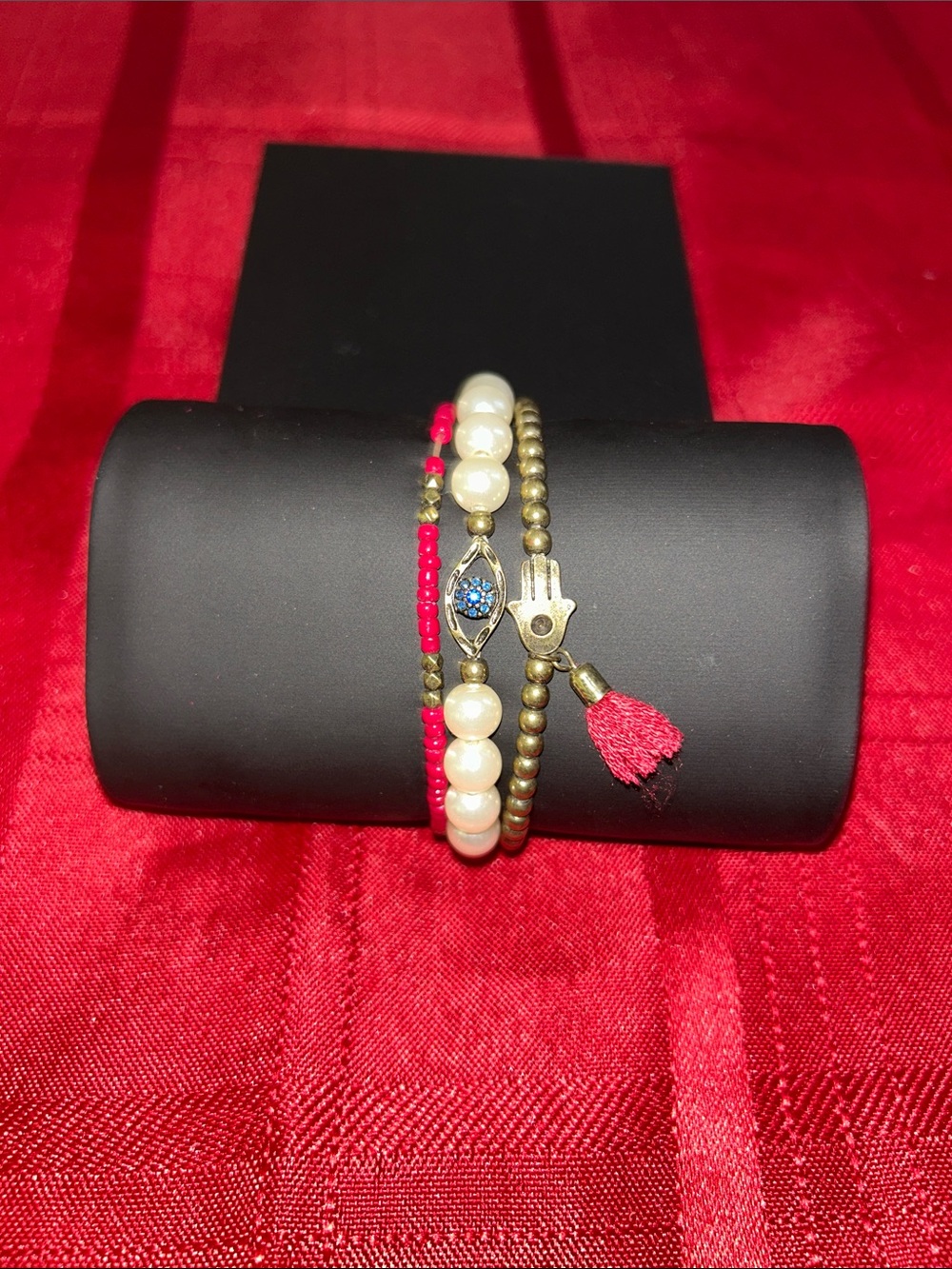 Pearl & Red Bead Hamsa Stackable Bracelet Set
